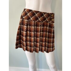 Y2k Preppy Chic Chocolate Brown Checkered Pleated Tweed Wrap Mini Skirt Junior 5